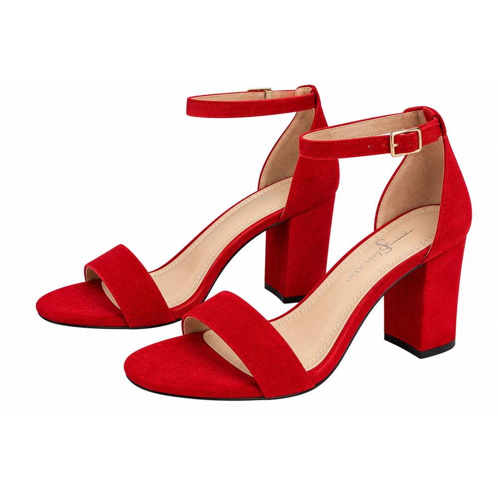 Shoe Land Red Suede Block Heel Sandals Womens Ankle Strap Open Toe Dress Shoes